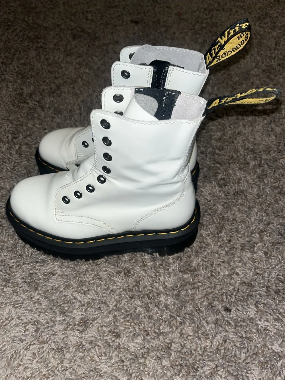 Dr. Martens White 8-Eye Lace-Up Combat Boots with Yellow Stitching